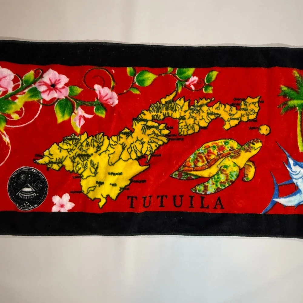 VTG Samoa Tutuila Map Island Beach Towel 36x13 Souvenir Turtle Marlin Fish Sea